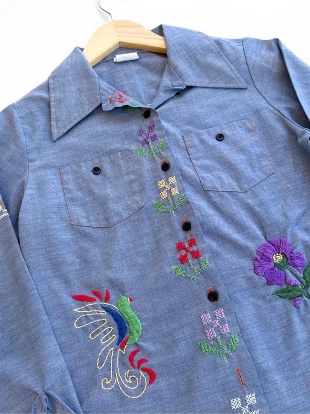 Vintage 70s Blue Chambray Floral Embroidered Western Shirt